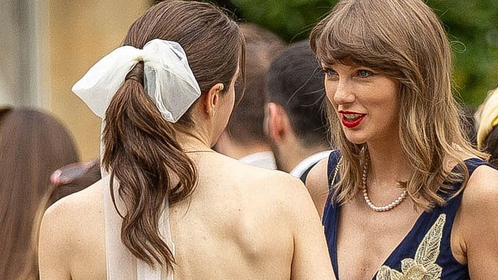 Newlywed Taylor Quick demonstrating off her innovative haircut and large participation ring alongside Sabrina Carpenter, Phoebe Bridgers and Jack Antonoff at Oli Jacobs and Laura Sisk's wedding ceremony